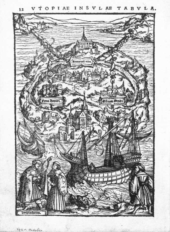Engraving of the island of Utopia by Ambrosius Holbein for the 1518 edition