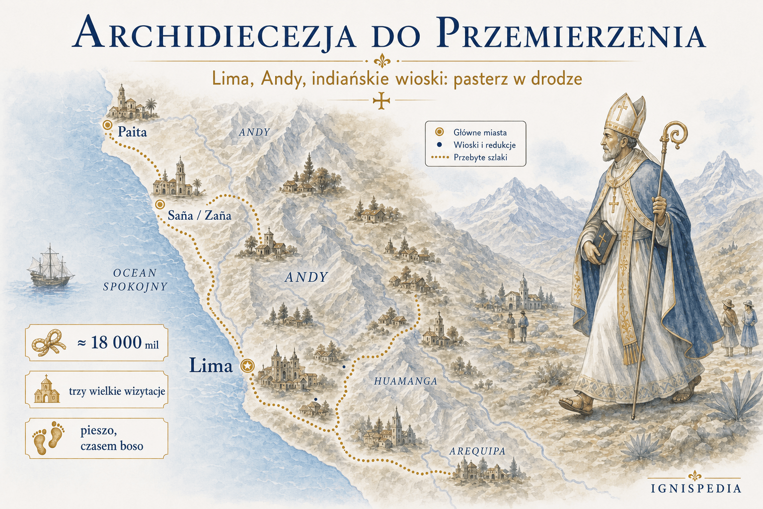 Mapa infograficzna archidiecezji Limy przemierzanej przez świętego Turybiusza de Mogrovejo