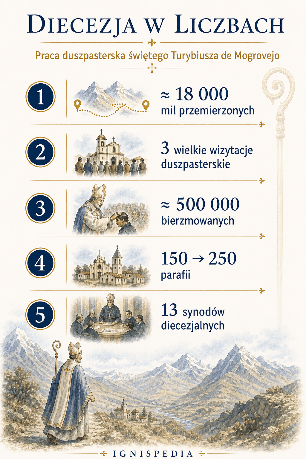 Infografika liczb opisujących posługę duszpasterską świętego Turybiusza de Mogrovejo