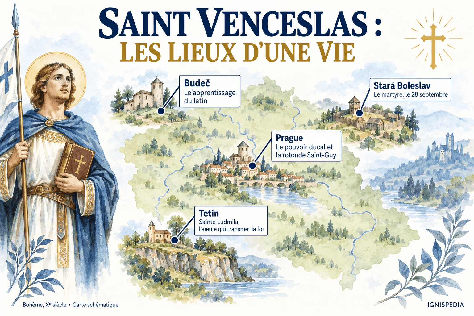 Mapa esquemático de los lugares vinculados a san Venceslao : Praga, Budeč, Tetín y Stará Boleslav