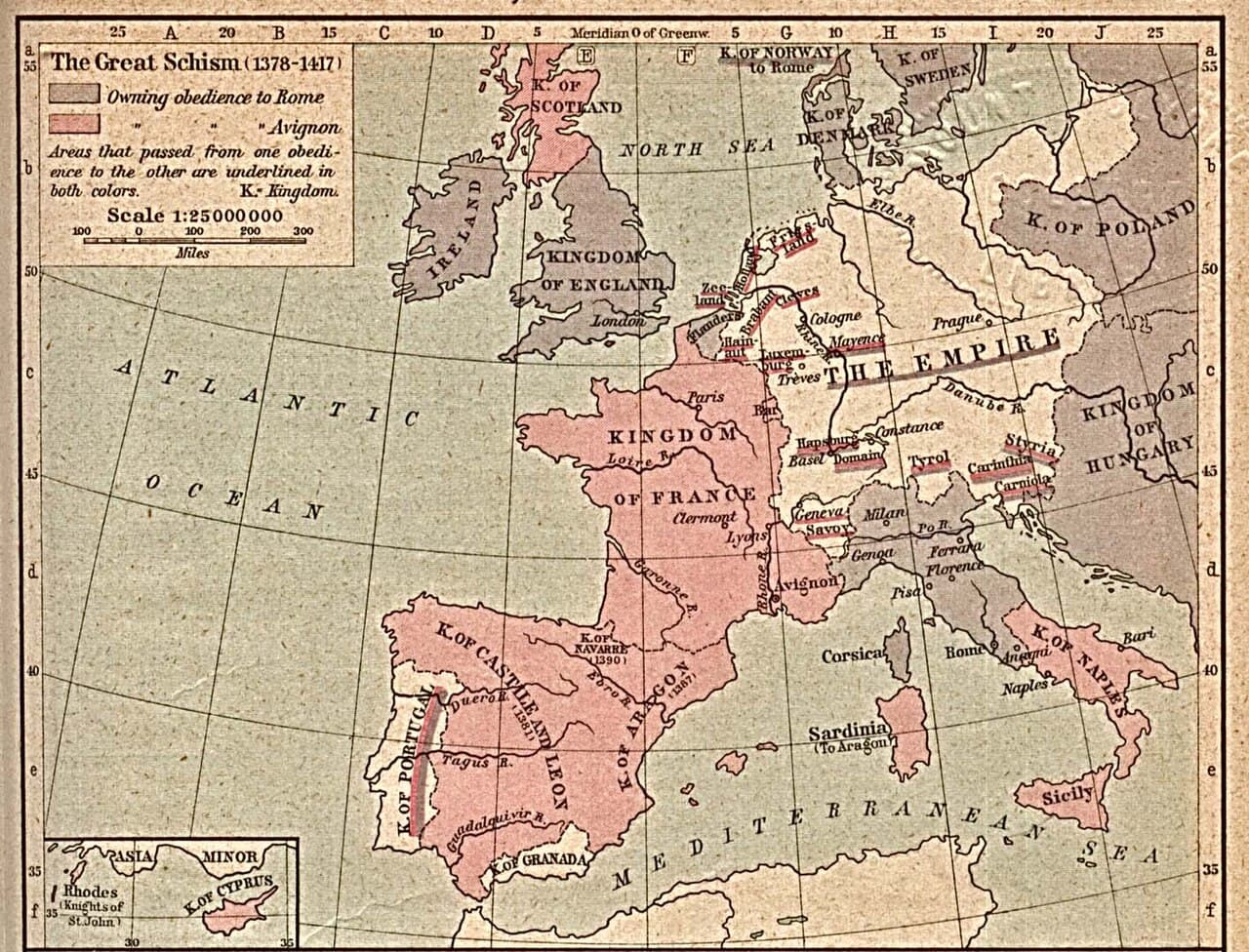 Mapa de las obediencias de Roma y Aviñón hacia 1380