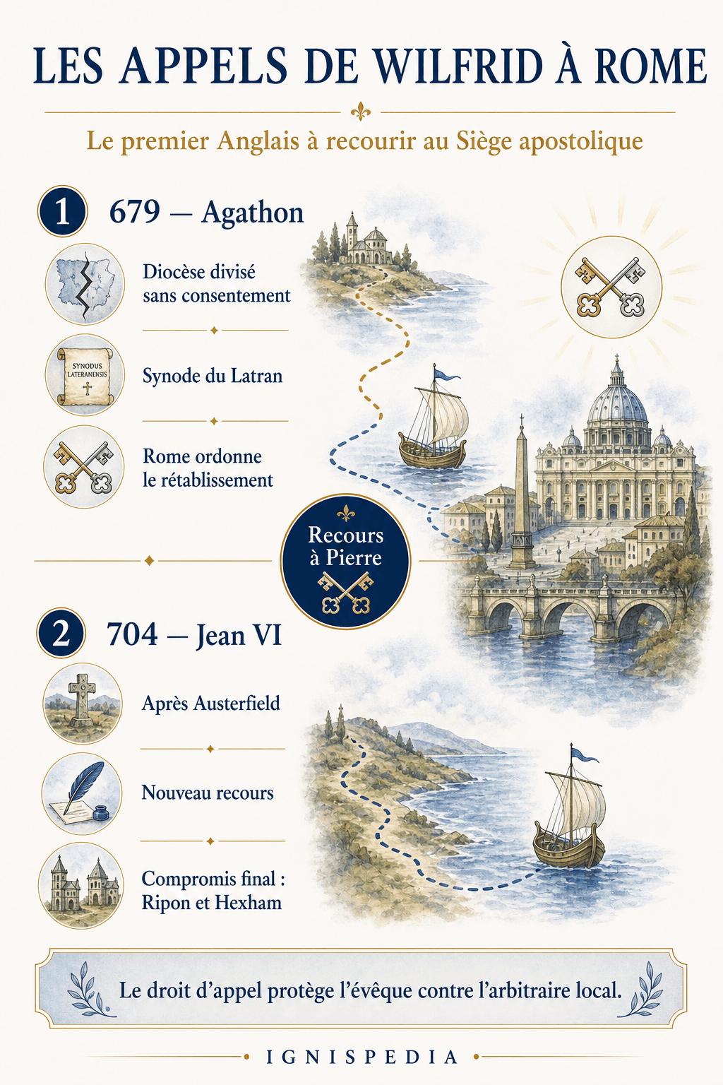 Infographic on Saint Wilfrid's two appeals to Rome, in 679 to Agatho and in 704 to John VI
