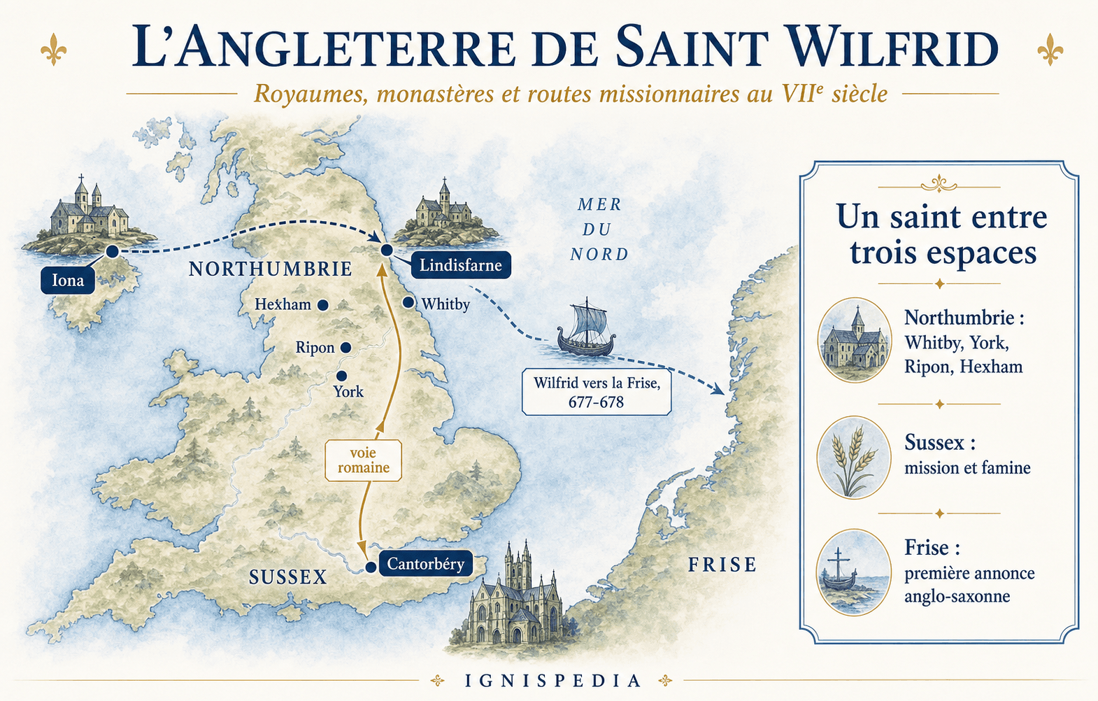 Schematic map of Saint Wilfrid's England, locating Northumbria, Iona, Lindisfarne, York, Ripon, Hexham, Whitby, Sussex and Frisia