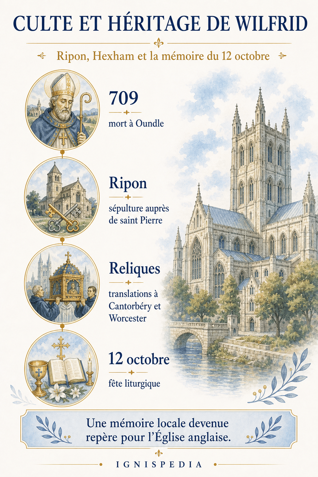 Infographic on Saint Wilfrid's cult and legacy: death at Oundle, burial at Ripon, relics and the 12 October feast