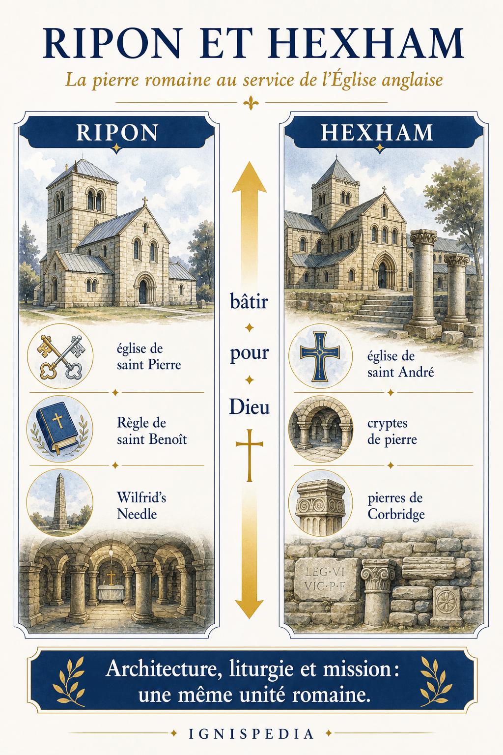 Infographic on Saint Wilfrid's foundations at Ripon and Hexham and the stone crypts