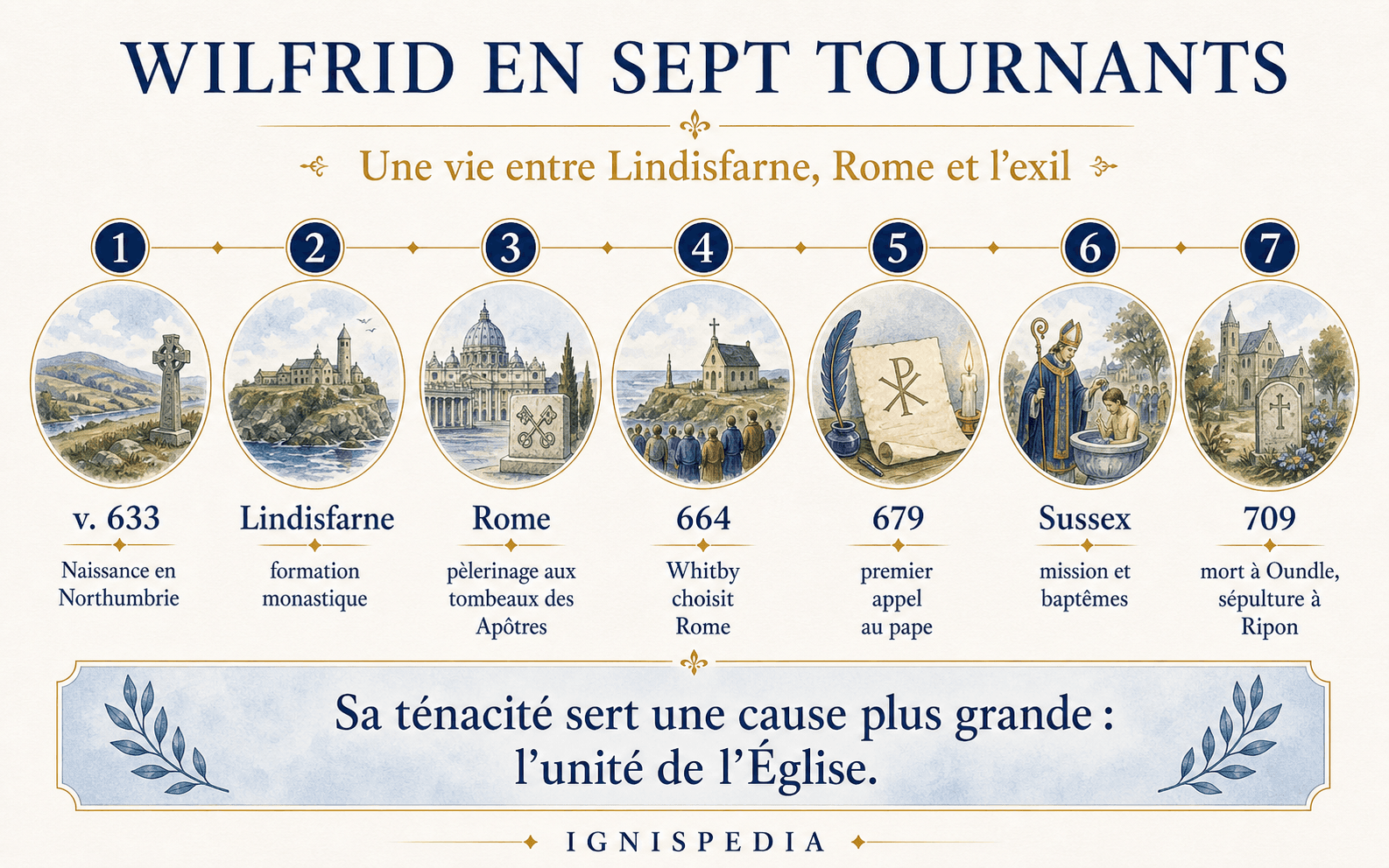 Infographic summarising seven turning points in Saint Wilfrid's life, from Northumbria to Rome, Whitby, Sussex and Ripon