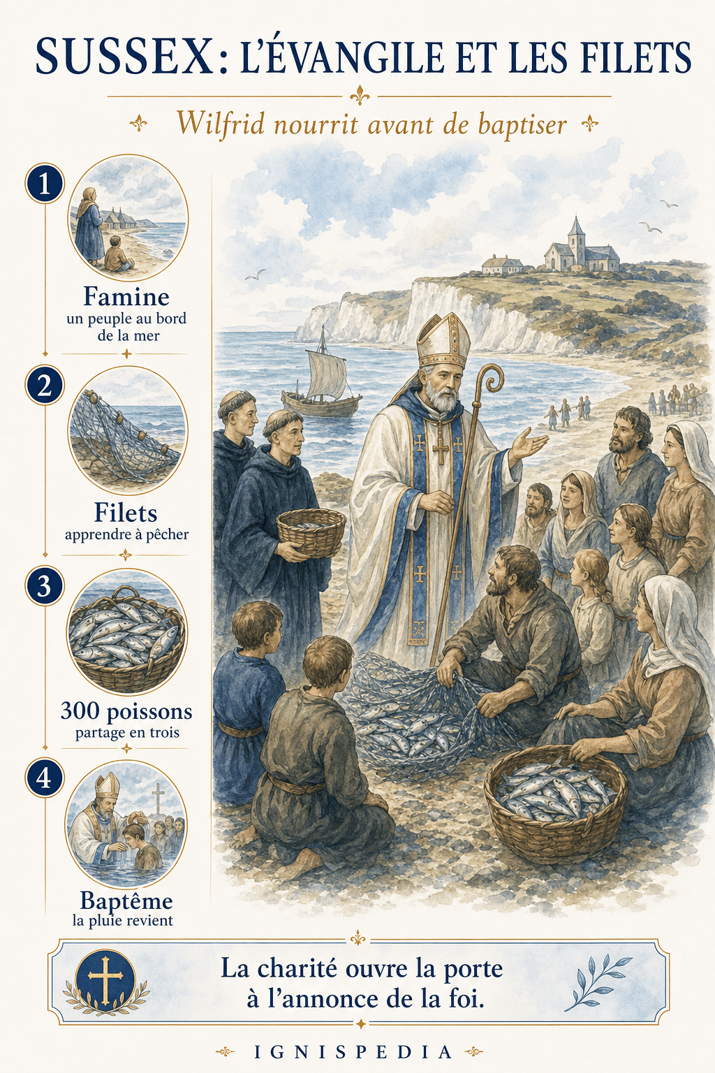 Narrative infographic showing Saint Wilfrid teaching the South Saxons to fish during the famine