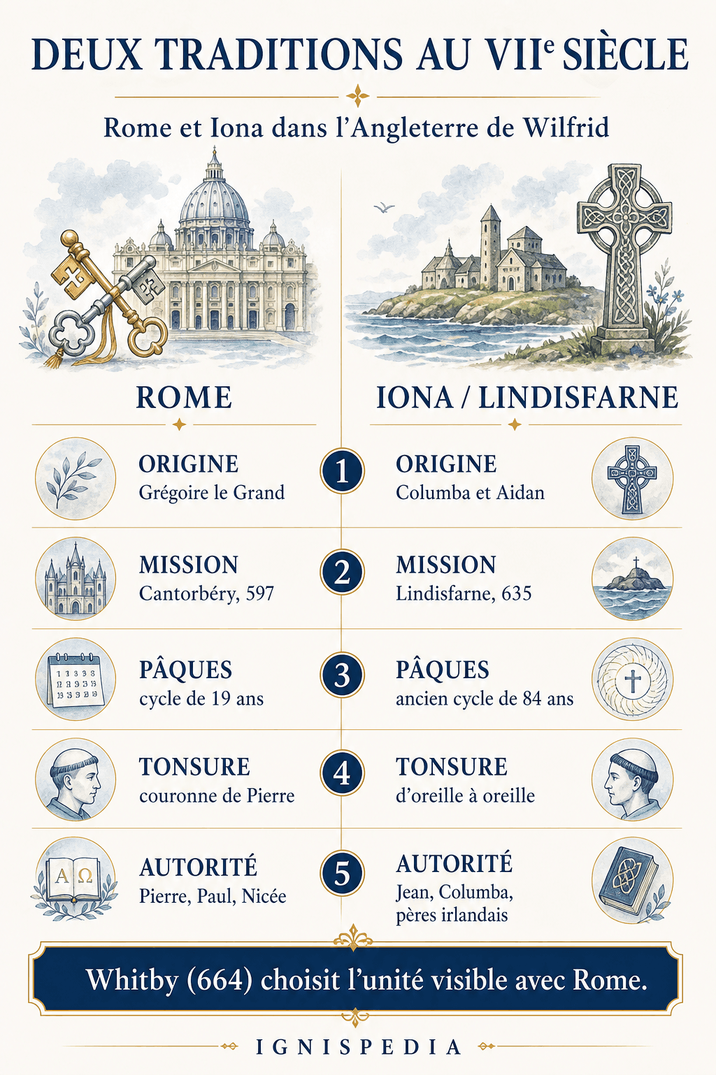 Infographic comparing the traditions of Rome and Iona in seventh-century England