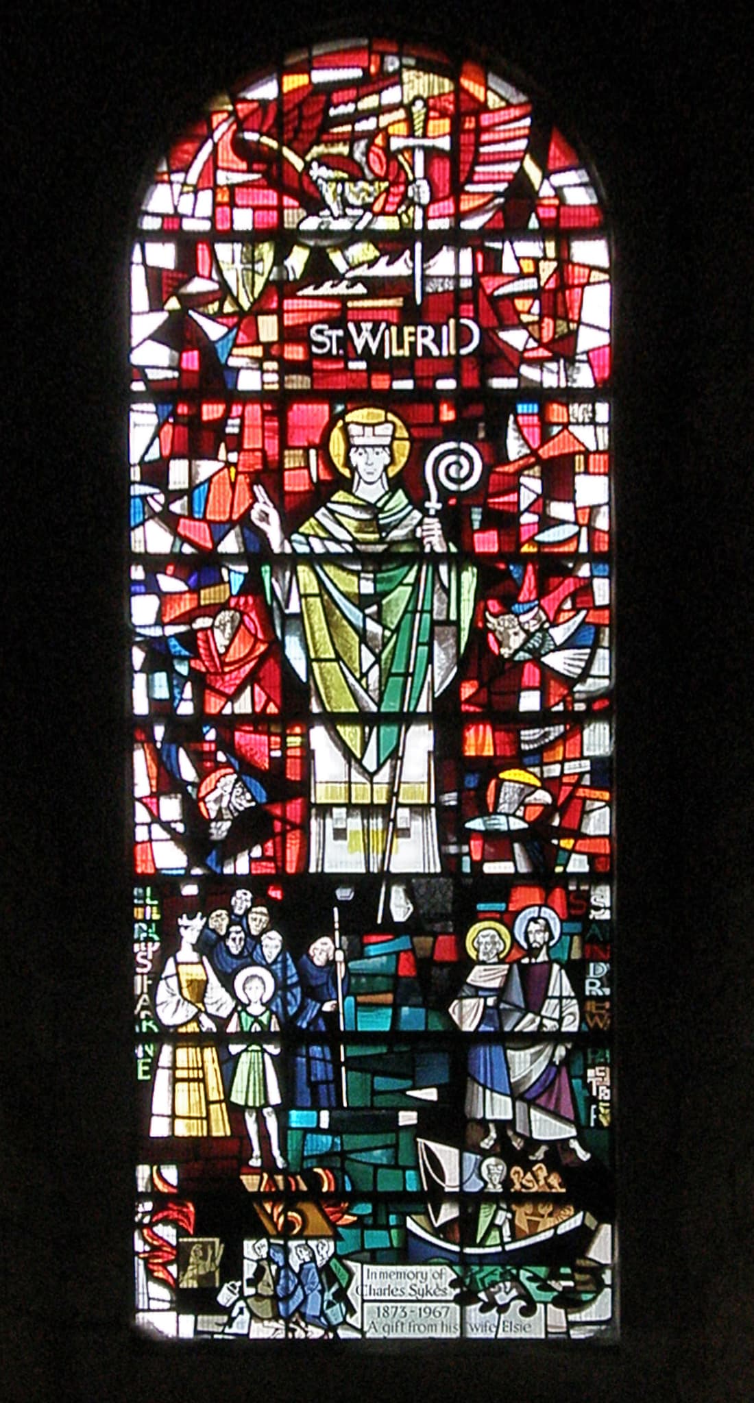 Modern stained-glass window depicting Saint Wilfrid in Ripon Cathedral