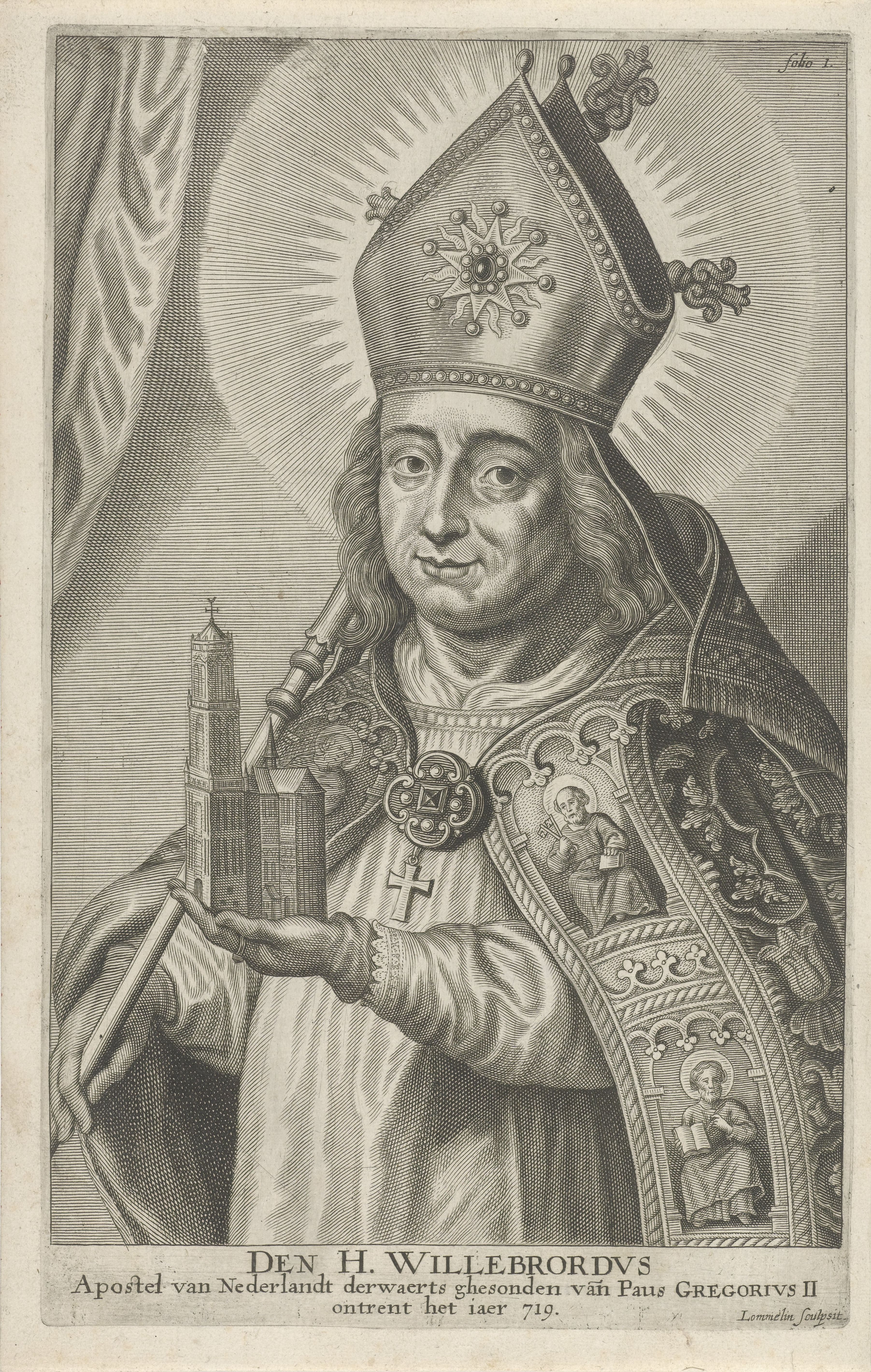 Gravura antiga representando são Vilibrordo como bispo, com o seu báculo e uma maqueta de catedral.