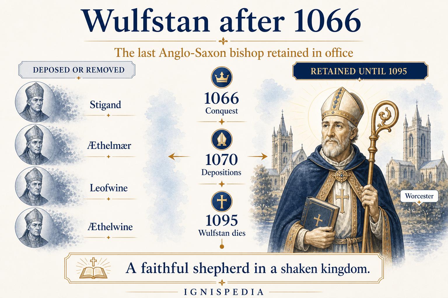 Infographic showing Saint Wulfstan as the last Anglo-Saxon bishop retained after 1066
