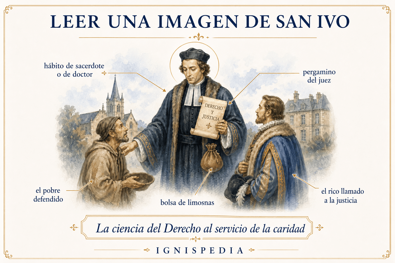 Infografía que explica los atributos iconográficos de san Ivo: hábito, pergamino, bolsa, pobre y rico