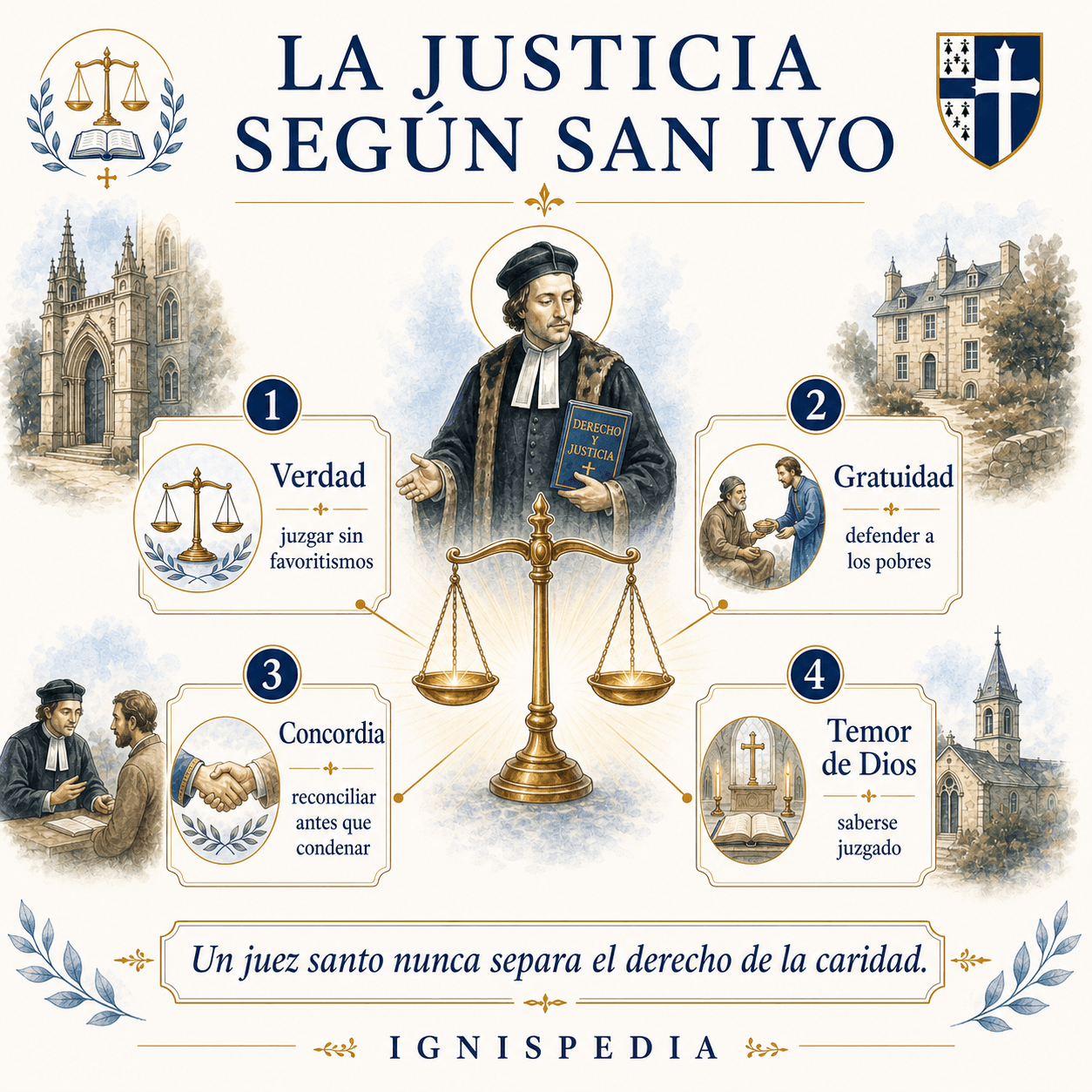 Infografía sobre los cuatro pilares de la justicia según san Ivo: verdad, gratuidad, concordia y temor de Dios