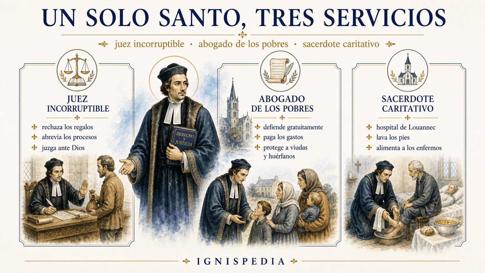 Infografía sobre los tres servicios de san Ivo: juez incorruptible, abogado de los pobres y sacerdote caritativo