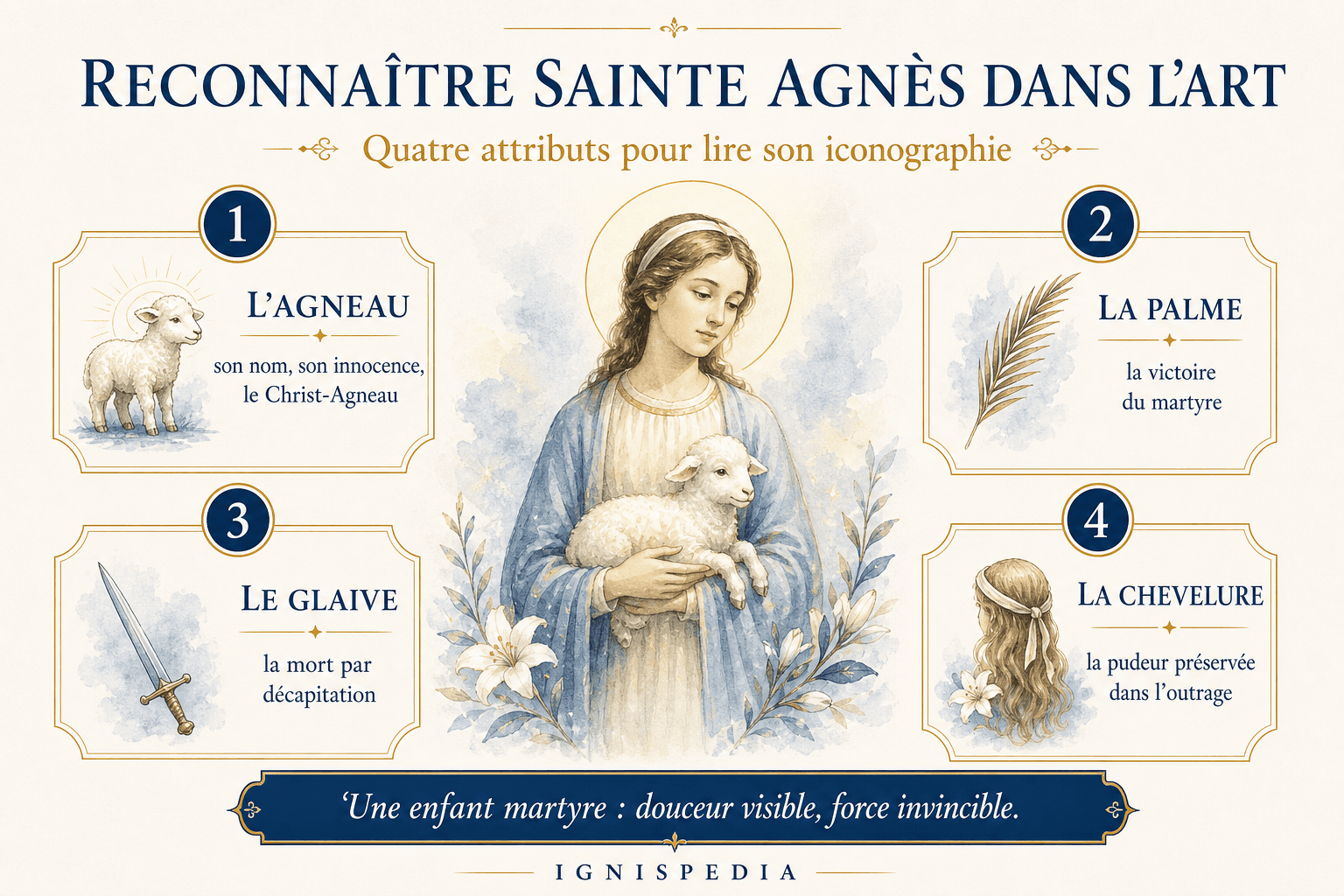 Infographic explaining the iconographic attributes of Saint Agnes: lamb, palm, sword and hair