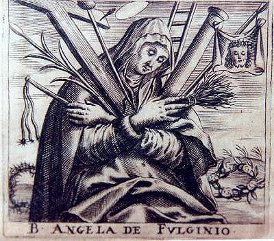 Angela of Foligno with the instruments of the Passion, 17th-century engraving