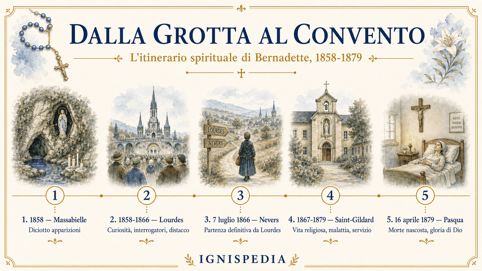 Infografica Ignispedia Dal santuario al convento, itinerario spirituale di Bernadette dal 1858 al 1879
