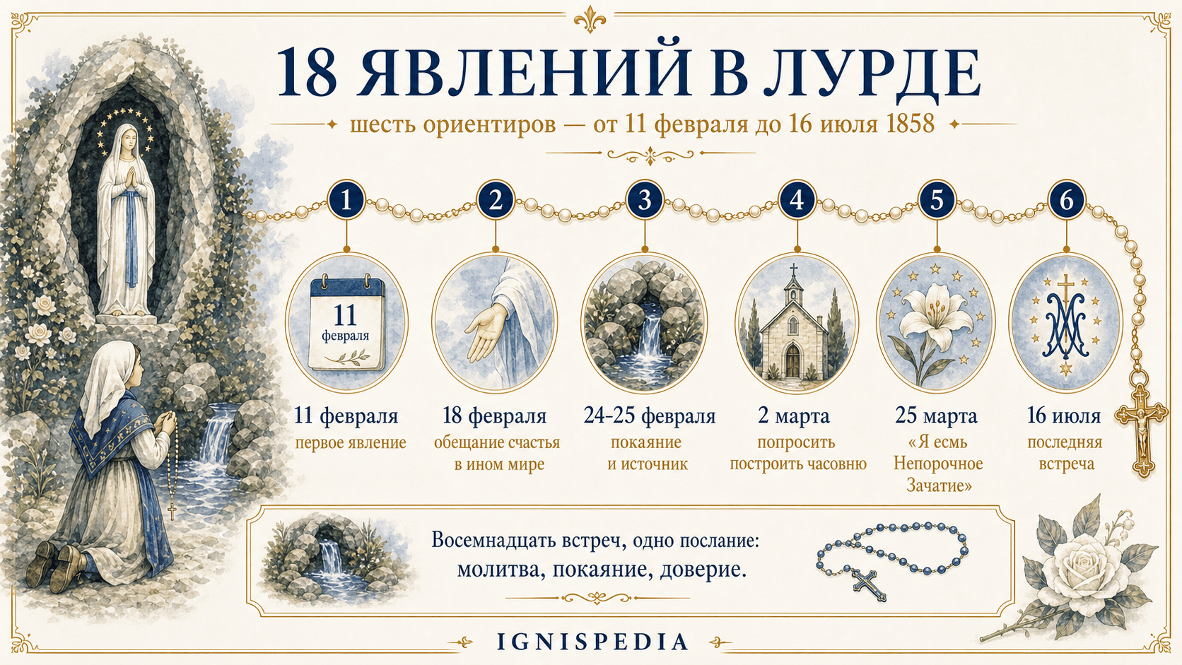 Инфографика Ignispedia на русском языке с шестью ориентирами восемнадцати явлений Лурда
