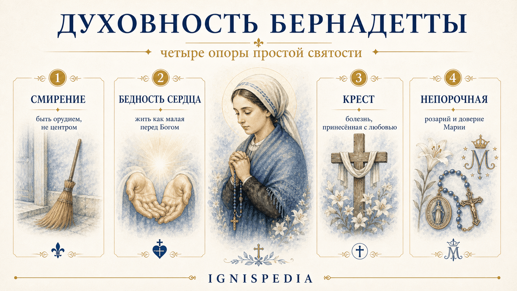 Инфографика Ignispedia о четырех опорах духовности святой Бернадетты