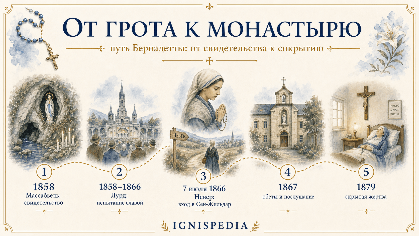 Инфографика Ignispedia От грота к монастырю, духовный путь Бернадетты от 1858 до 1879 года