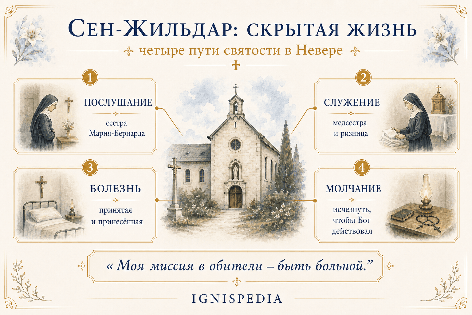 Инфографика Ignispedia Сен-Жильдар: скрытая жизнь, послушание, служение, принесенная болезнь и молчание