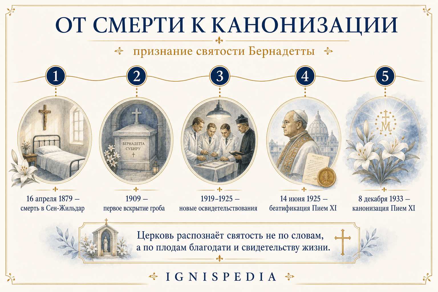 Инфографика Ignispedia От смерти к канонизации, этапы церковного признания святой Бернадетты