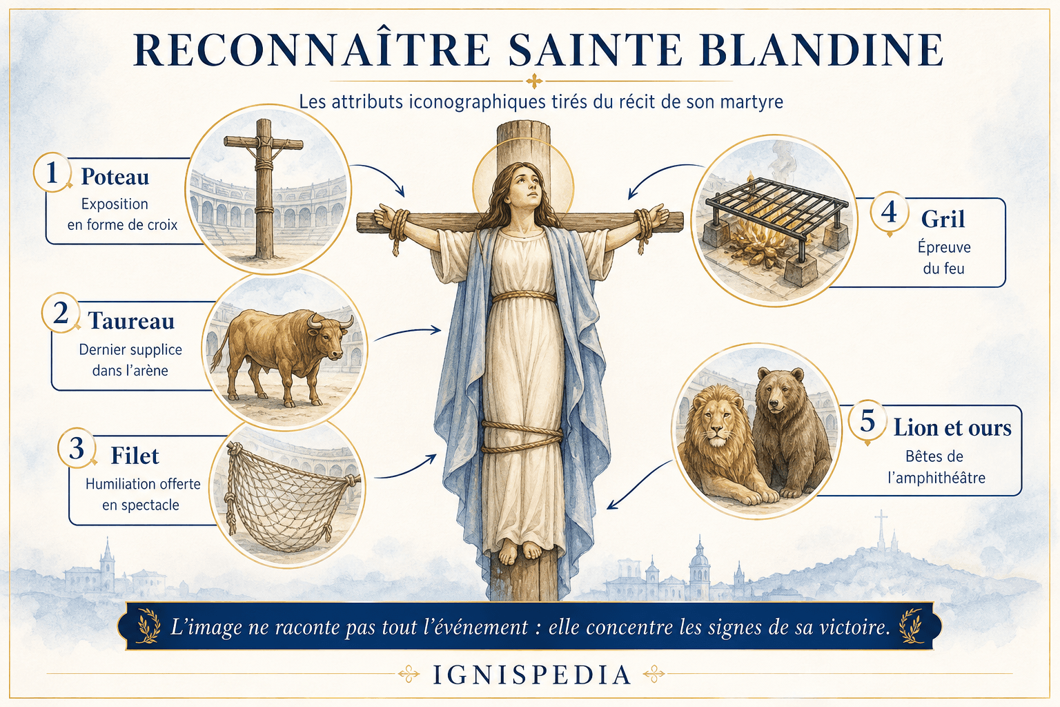 Infografica sugli attributi iconografici di santa Blandina: palo, toro, rete, graticola, leone e orso