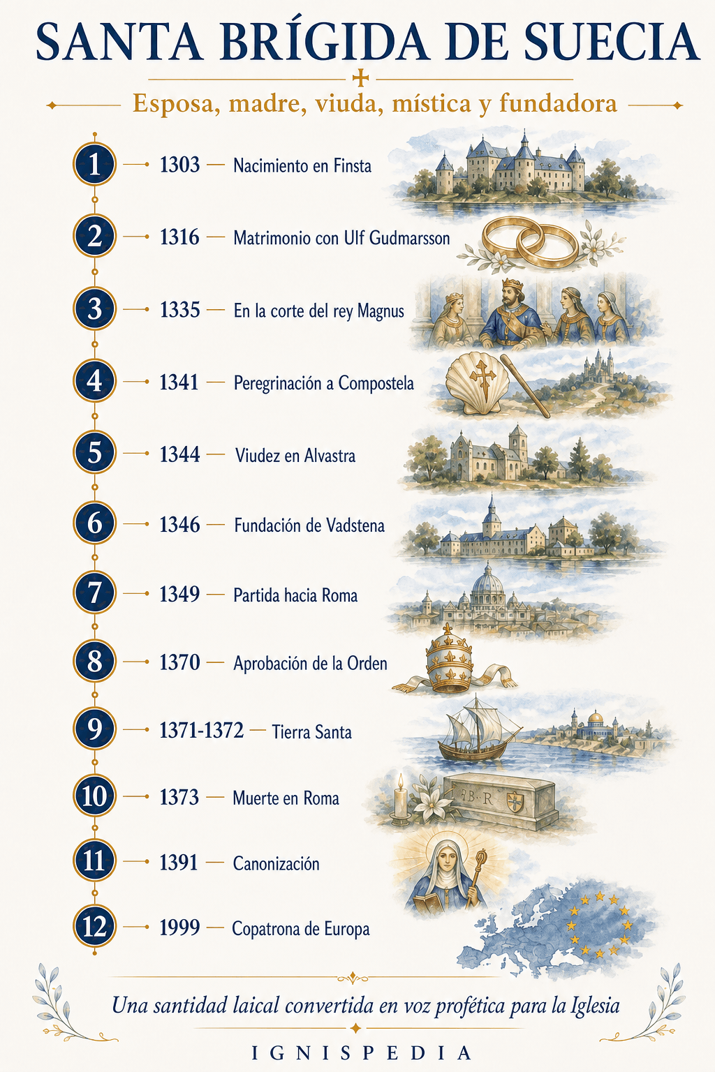 Infografía cronológica de la vida de santa Brígida de Suecia en doce fechas, desde Finsta en 1303 hasta su proclamación como copatrona de Europa en 1999