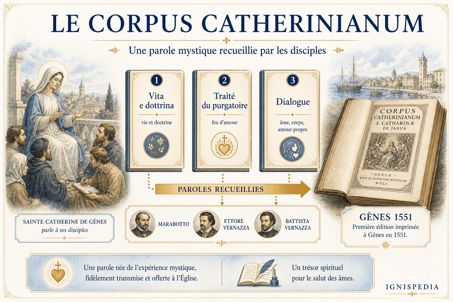 Infographie présentant le Corpus catherinianum : Vita e dottrina, Traité du purgatoire et Dialogue