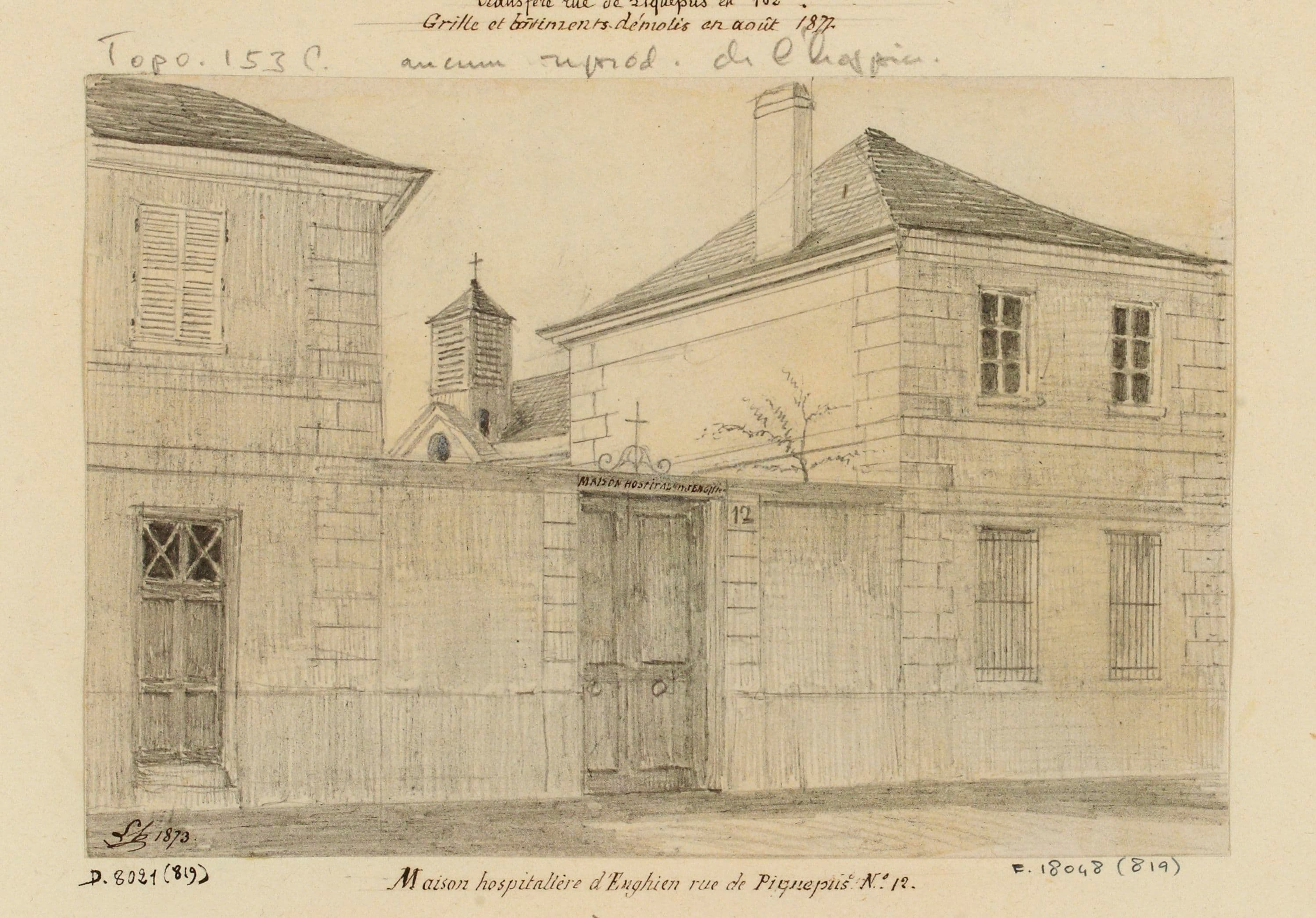 Historical drawing of the Enghien hospital house on the rue de Picpus in Paris