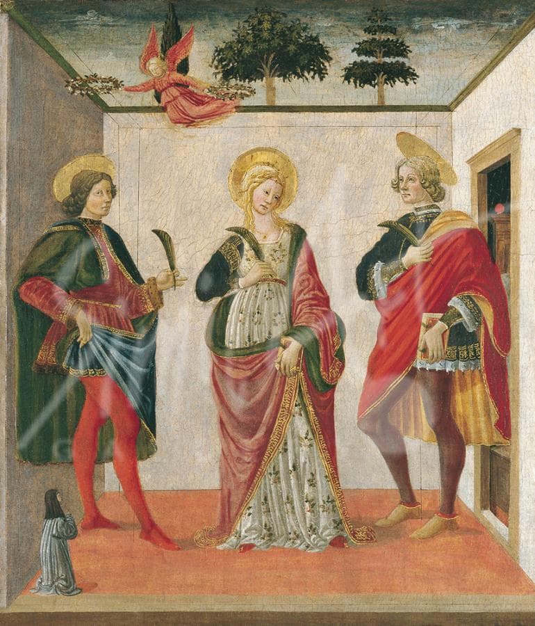 Sainte Cécile entre saint Valérien et saint Tiburce, avec une donatrice agenouillée, tableau de Francesco Botticini