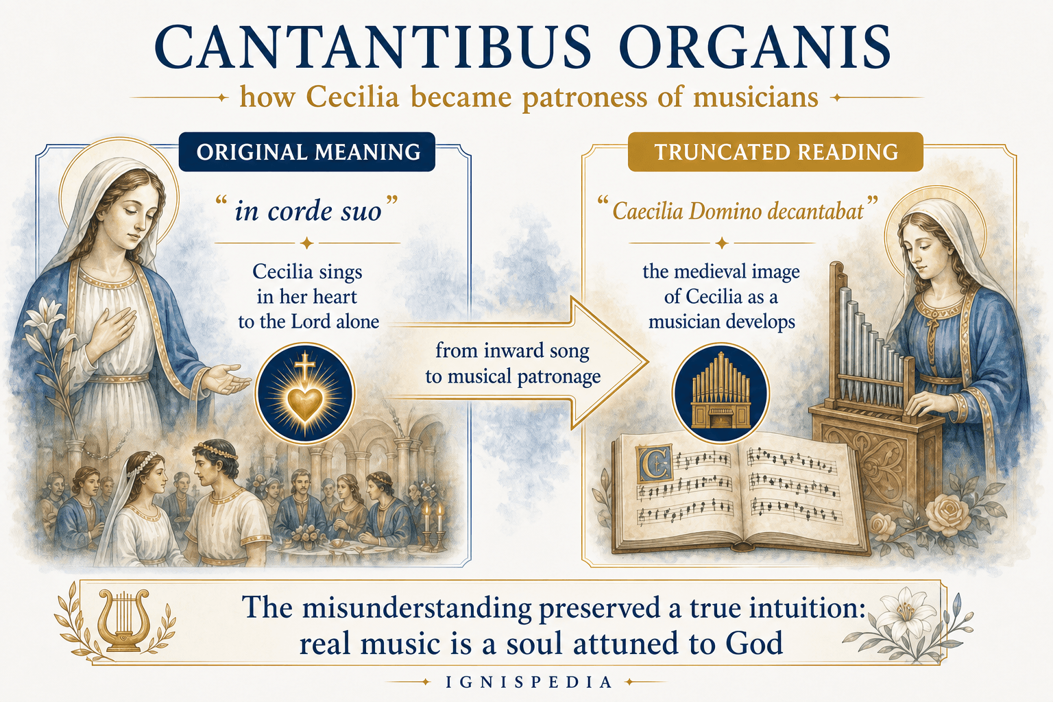Ignispedia infographic explaining the antiphon Cantantibus organis and the origin of Saint Cecilia’s musical patronage