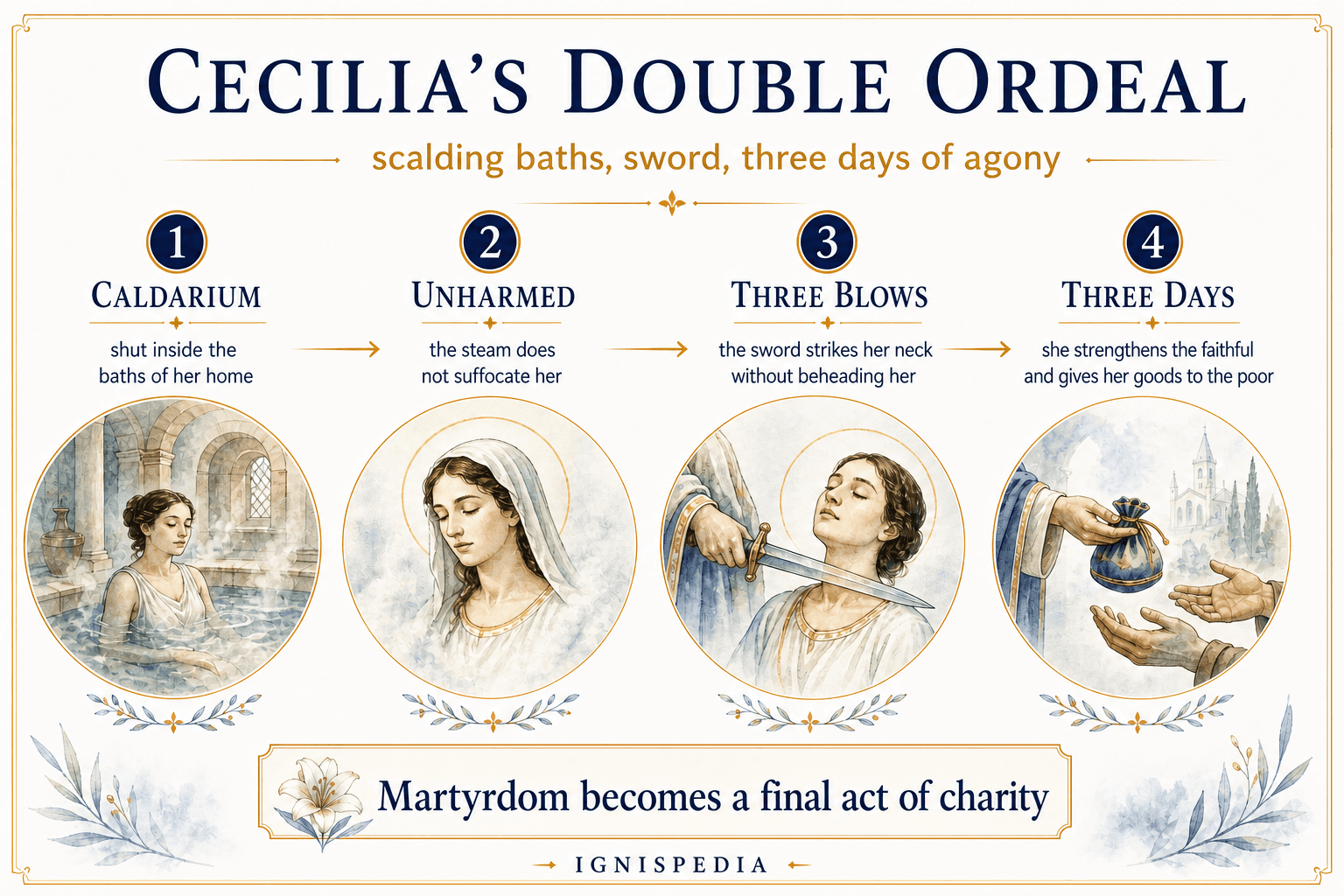 Ignispedia infographic on Saint Cecilia’s double ordeal: caldarium, sword, three days of agony