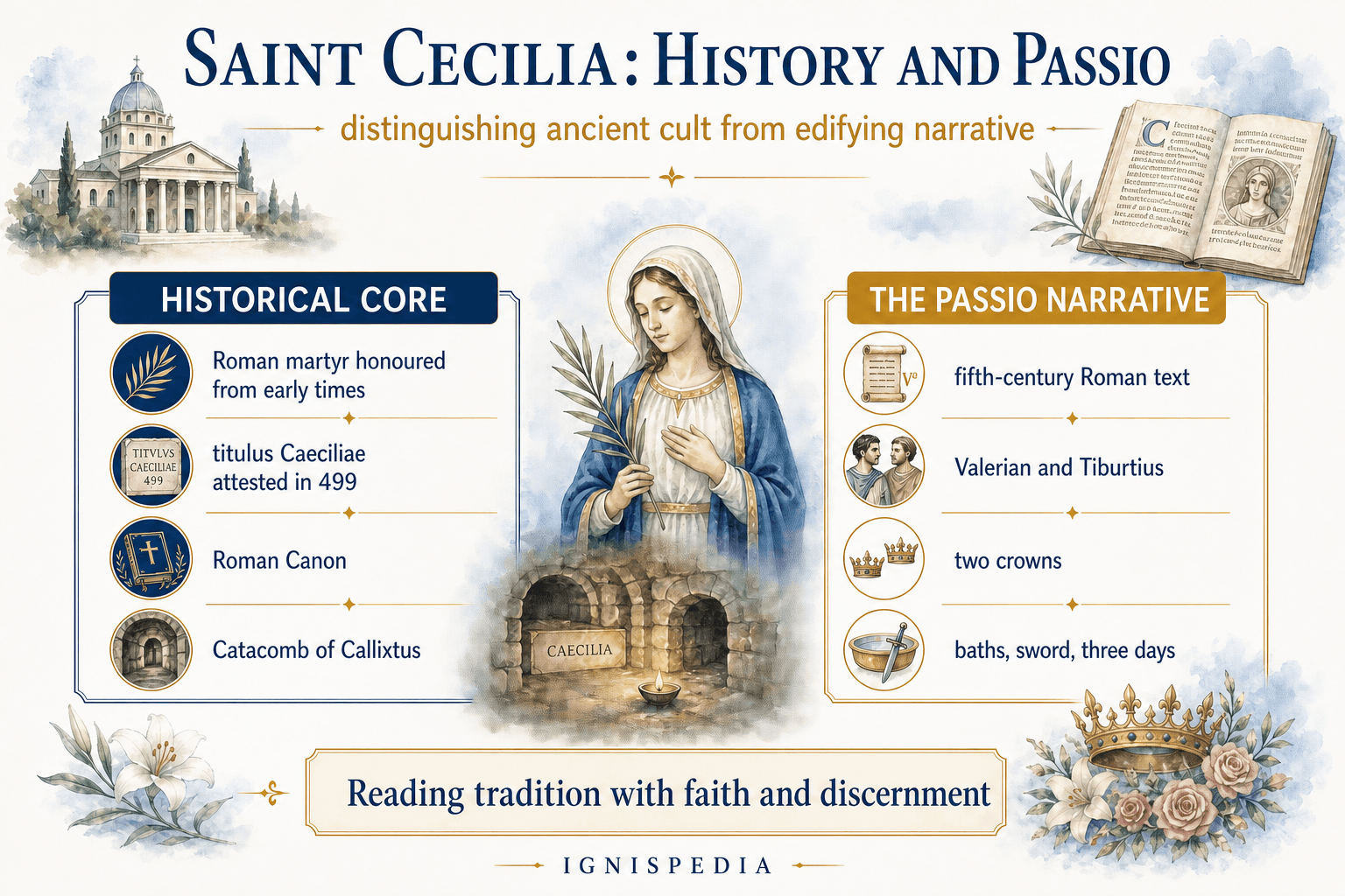Ignispedia infographic distinguishing the historical core of Saint Cecilia and the narrative of the Passio