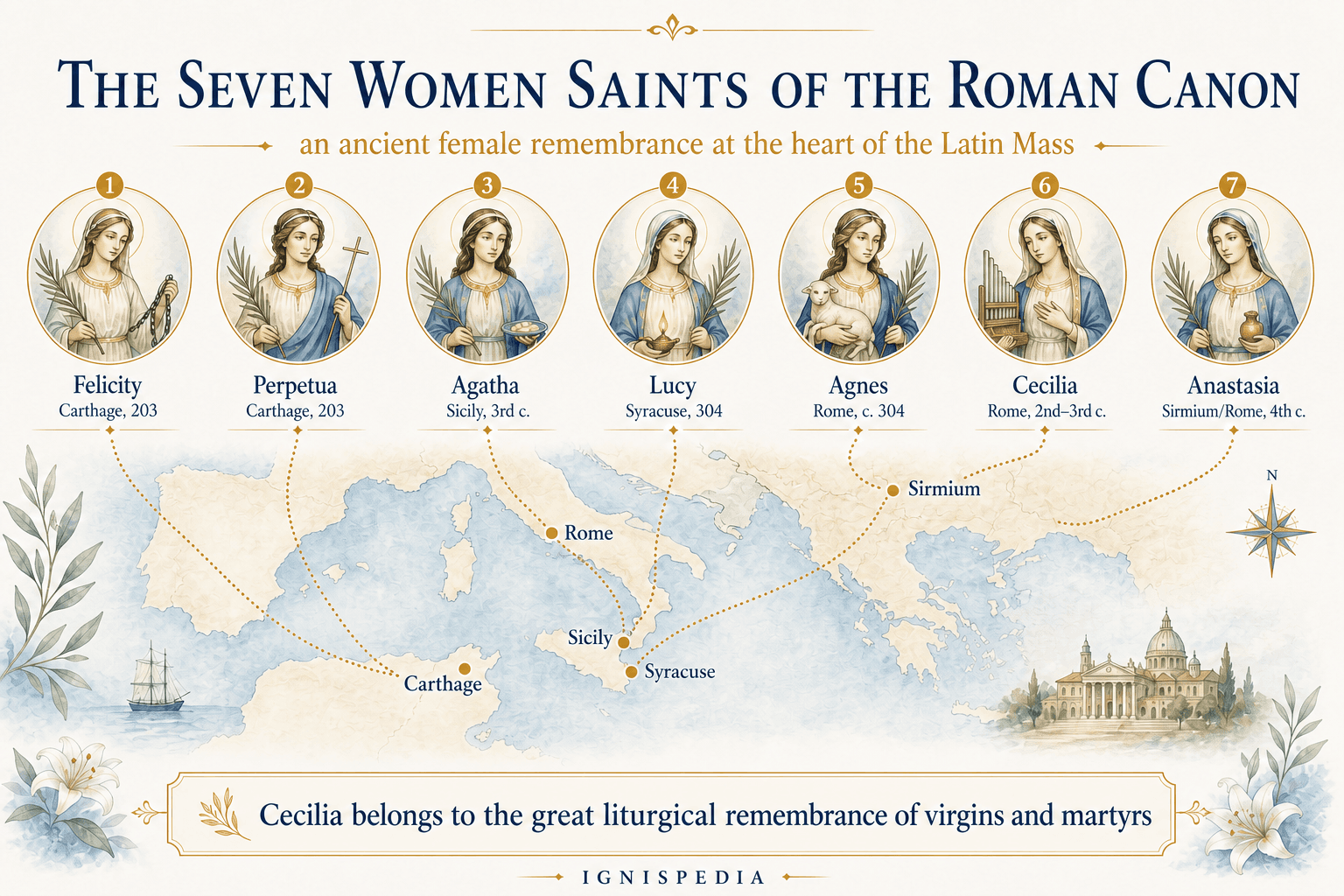Ignispedia infographic presenting the seven holy women named in the Roman Canon