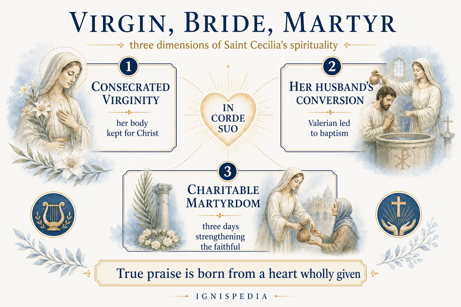 Ignispedia infographic on the spirituality of Saint Cecilia: virgin, spouse, and martyr