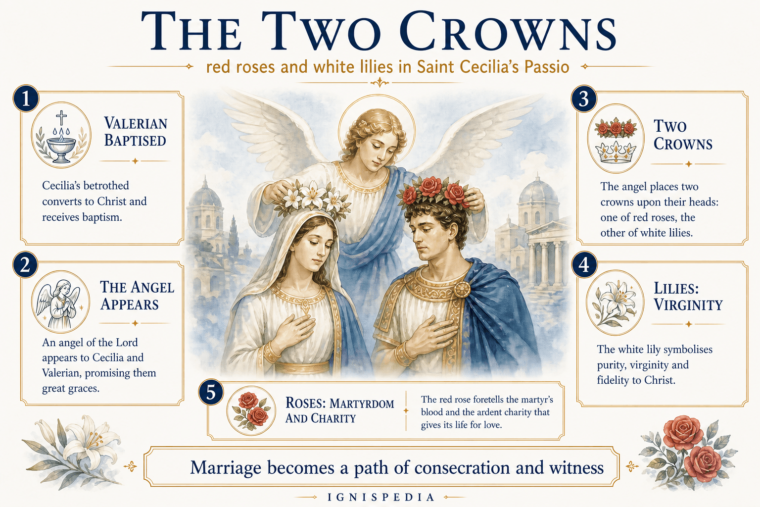Ignispedia infographic on the two crowns of roses and lilies placed on Cecilia and Valerian