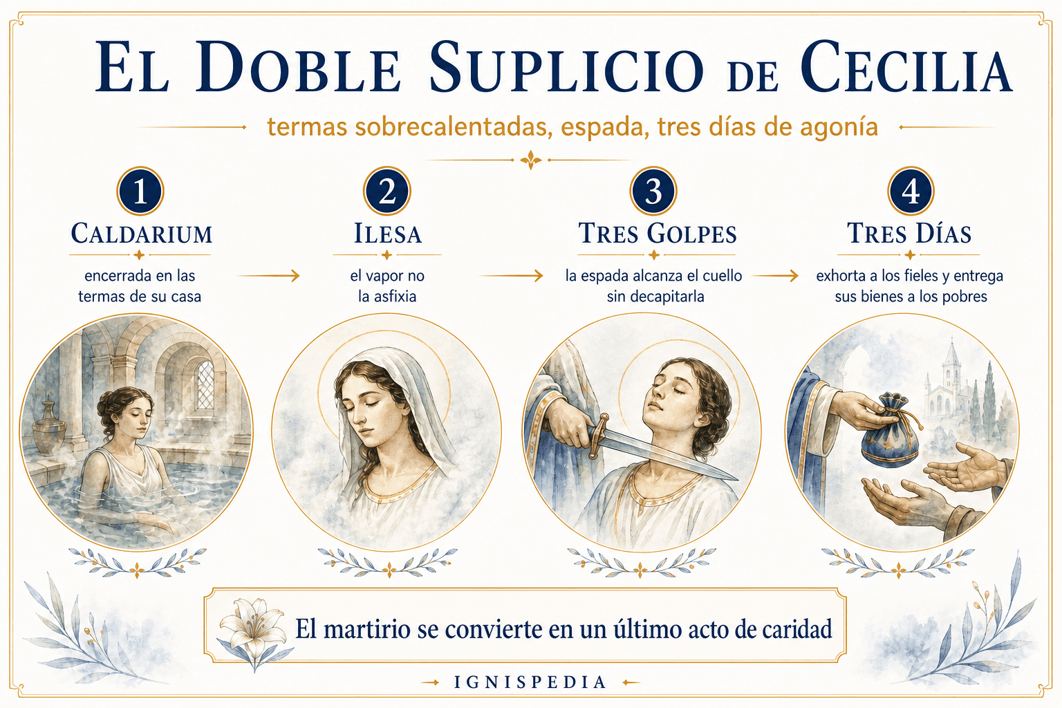 Infografía Ignispedia sobre el doble suplicio de santa Cecilia: caldarium, espada, tres días de agonía