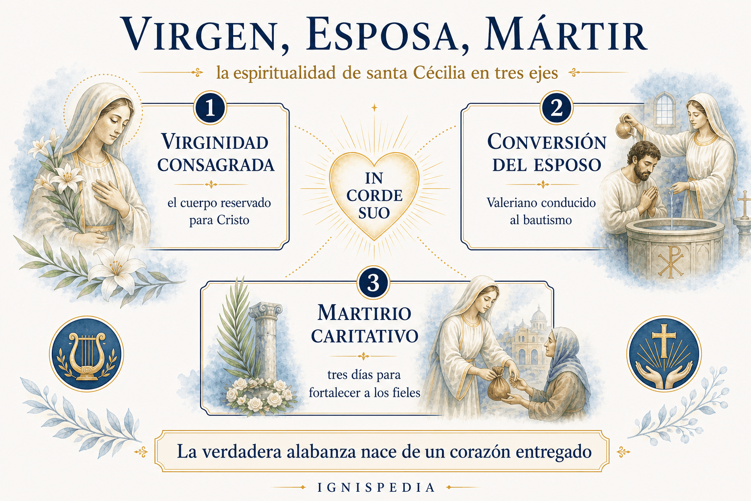 Infografía Ignispedia sobre la espiritualidad de santa Cecilia: virgen, esposa y mártir