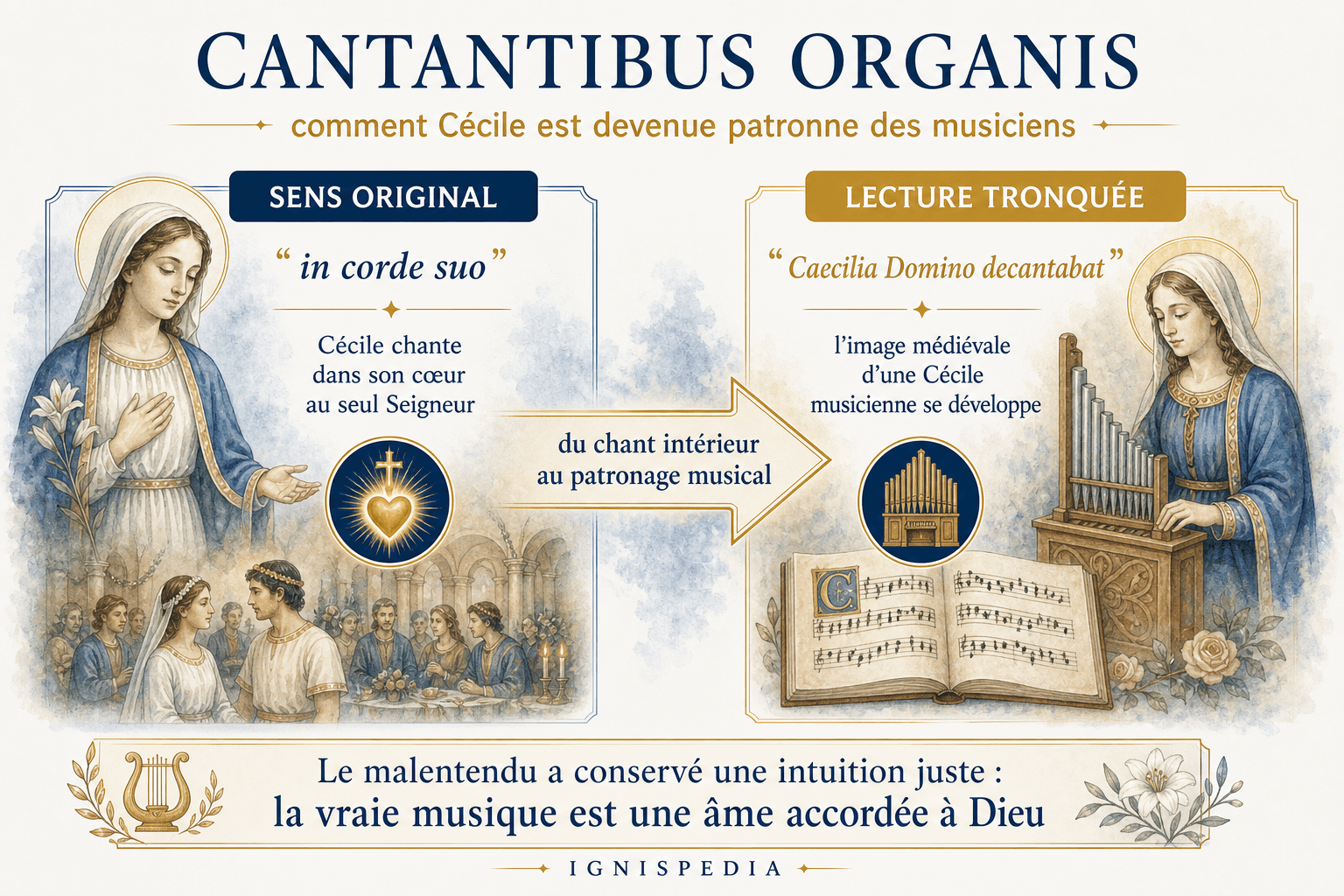 Infographie Ignispedia expliquant l'antienne Cantantibus organis et l'origine du patronage musical de sainte Cécile