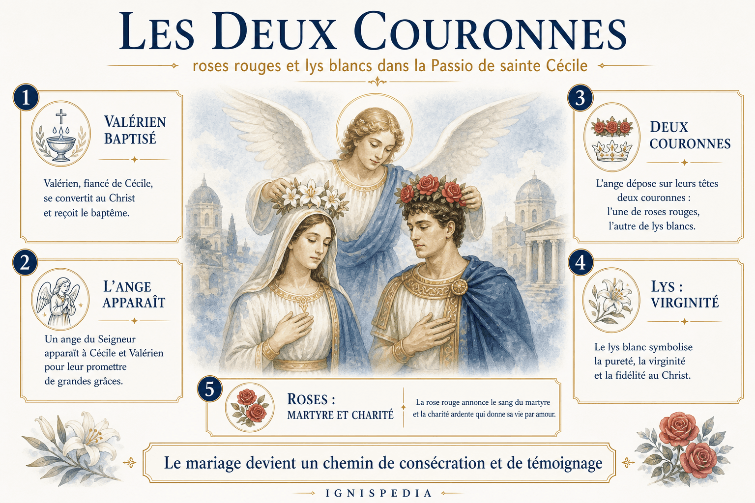 Infographie Ignispedia sur les deux couronnes de roses et de lys déposées sur Cécile et Valérien