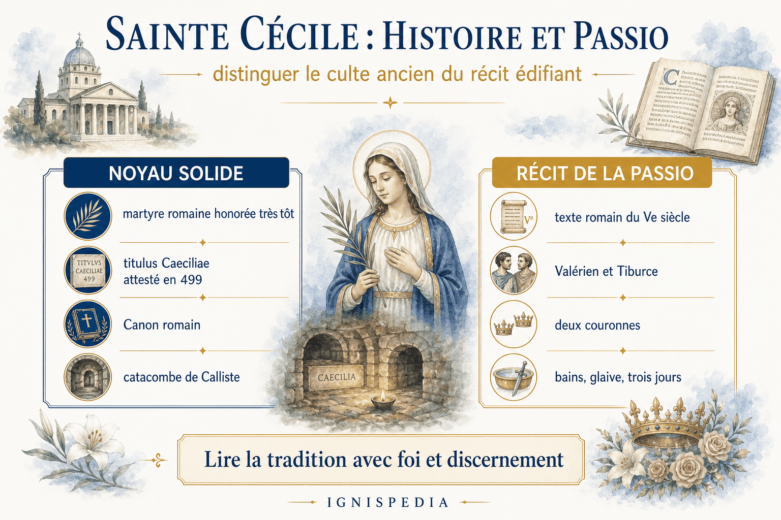 Infographie Ignispedia distinguant le noyau historique de sainte Cécile et le récit de la Passio