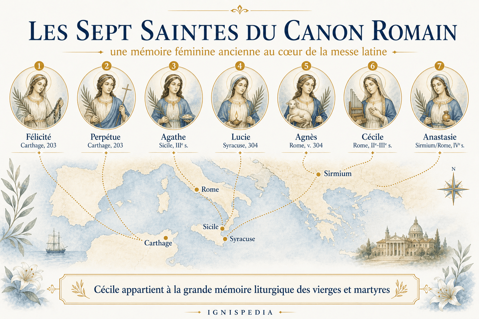 Infographie Ignispedia présentant les sept saintes femmes nommées dans le Canon romain
