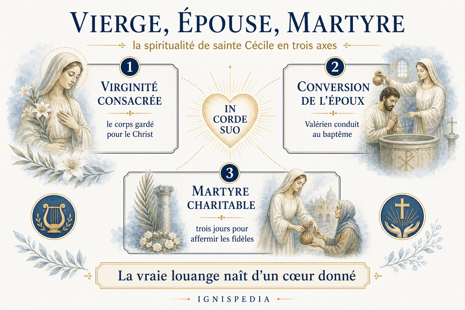 Infographie Ignispedia sur la spiritualité de sainte Cécile : vierge, épouse et martyre