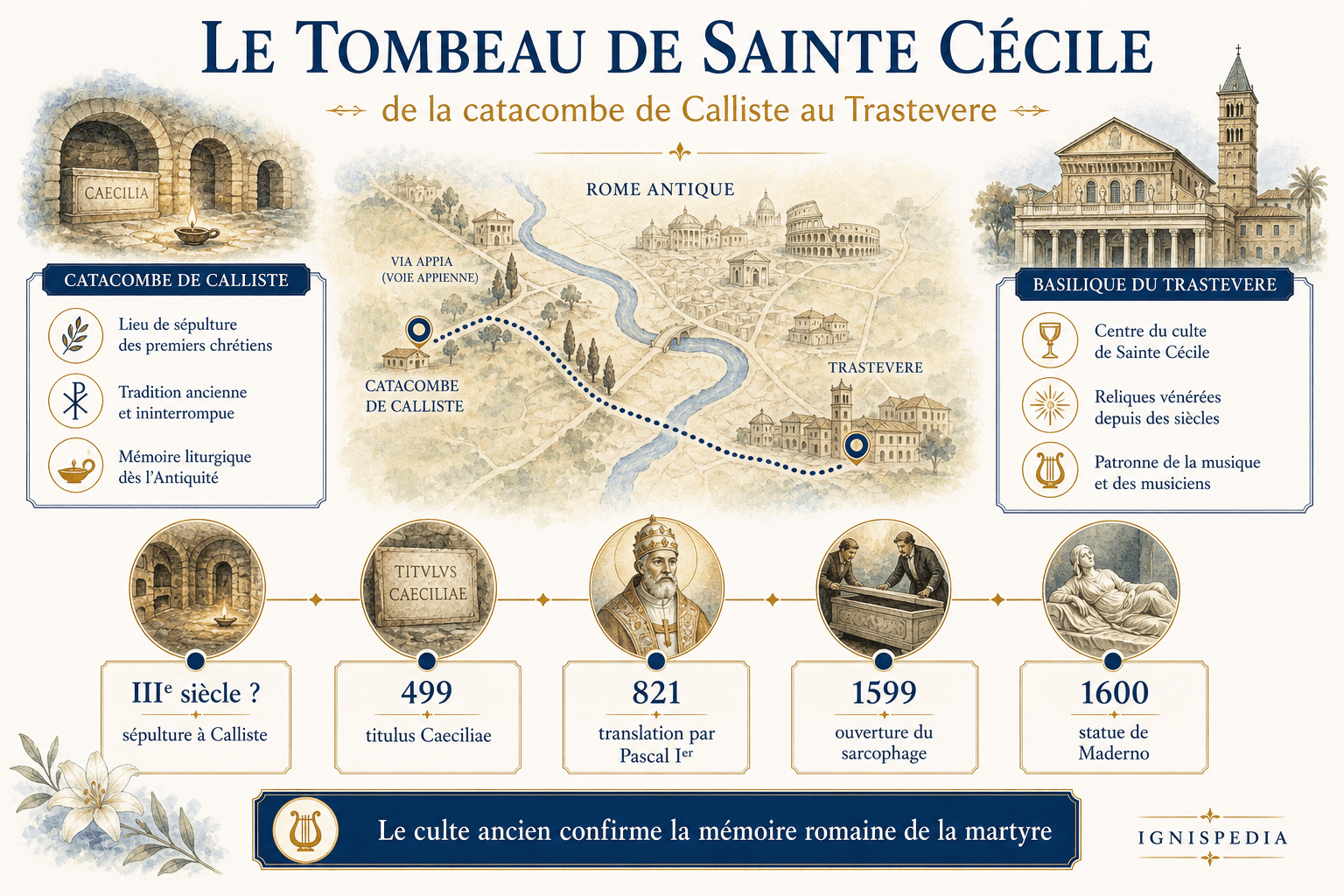 Infographie Ignispedia sur le tombeau et les reliques de sainte Cécile, de la catacombe de Calliste au Trastevere