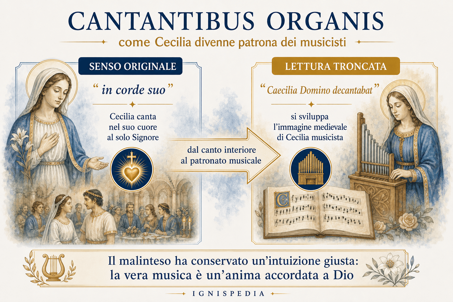 Infografica Ignispedia che spiega l'antifona Cantantibus organis e l'origine del patrocinio musicale di santa Cecilia