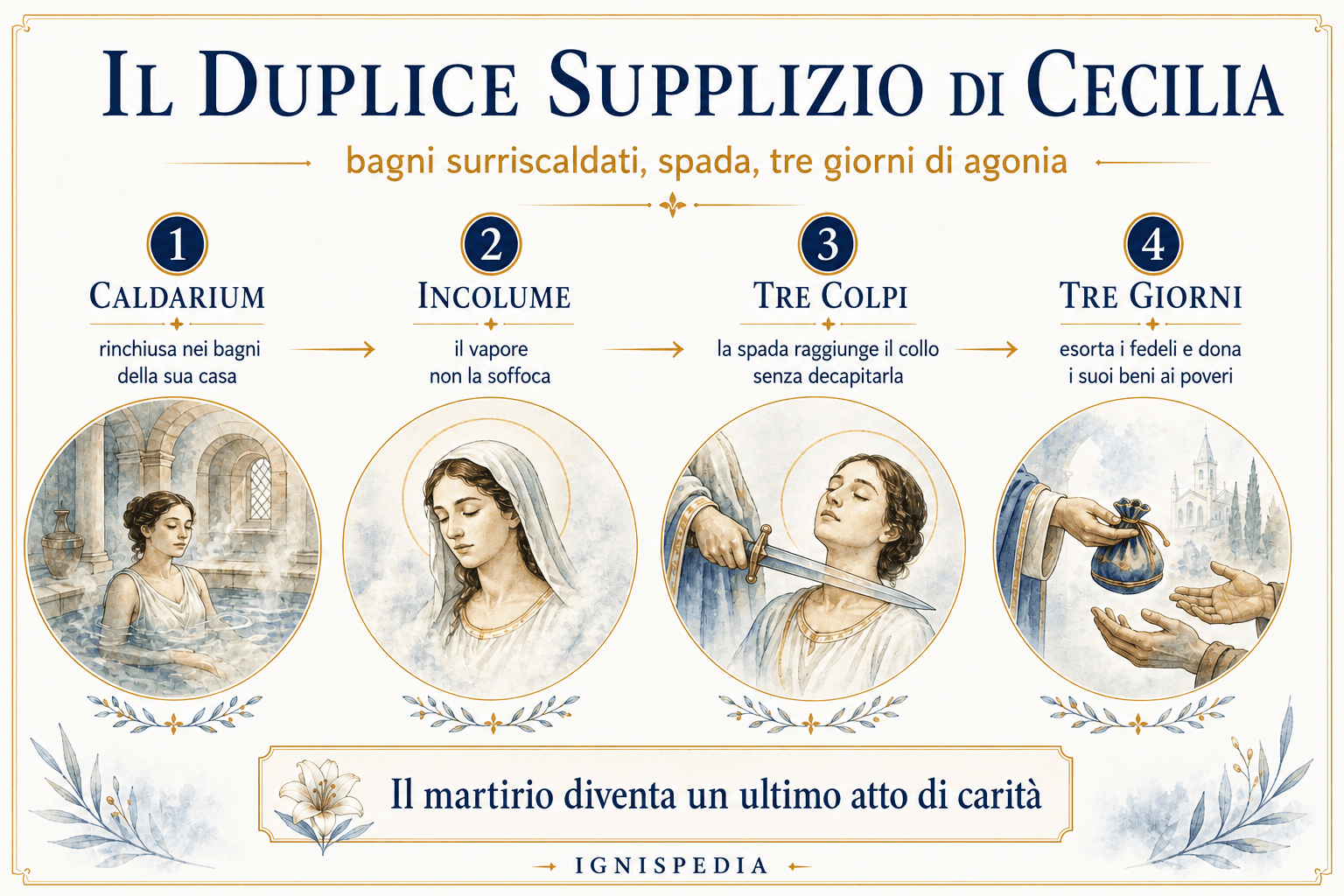 Infografica Ignispedia sul duplice supplizio di santa Cecilia: calidarium, spada, tre giorni di agonia