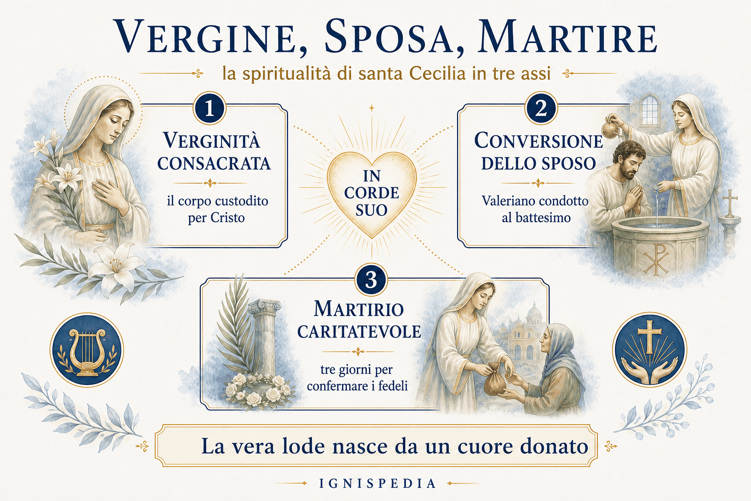 Infografica Ignispedia sulla spiritualità di santa Cecilia: vergine, sposa e martire