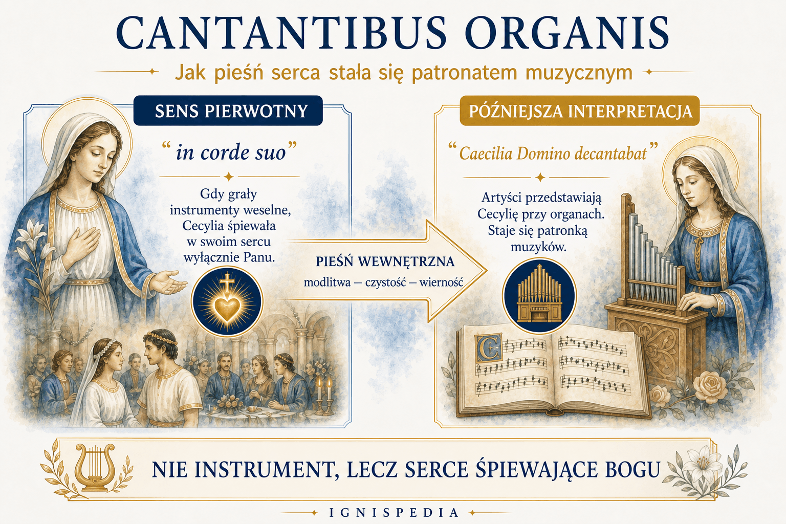 Infografika Ignispedia wyjaśniająca antyfonę Cantantibus organis i pochodzenie muzycznego patronatu świętej Cecylii