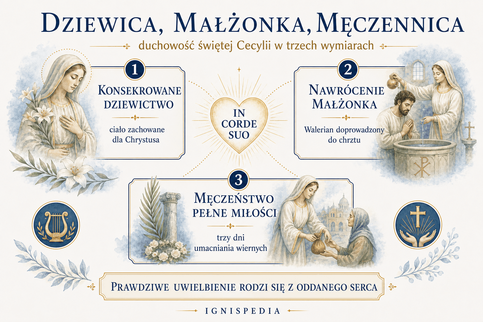 Infografika Ignispedia o duchowości świętej Cecylii: dziewica, żona i męczennica